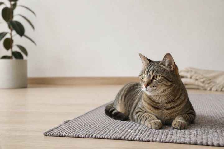 A cat resting on a rug in a bright modern home